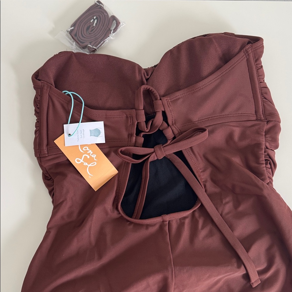 NWT Kona Sol Brown Strapless Ruched One Piece Swimsuit M 8-10 - Picture 6 of 8